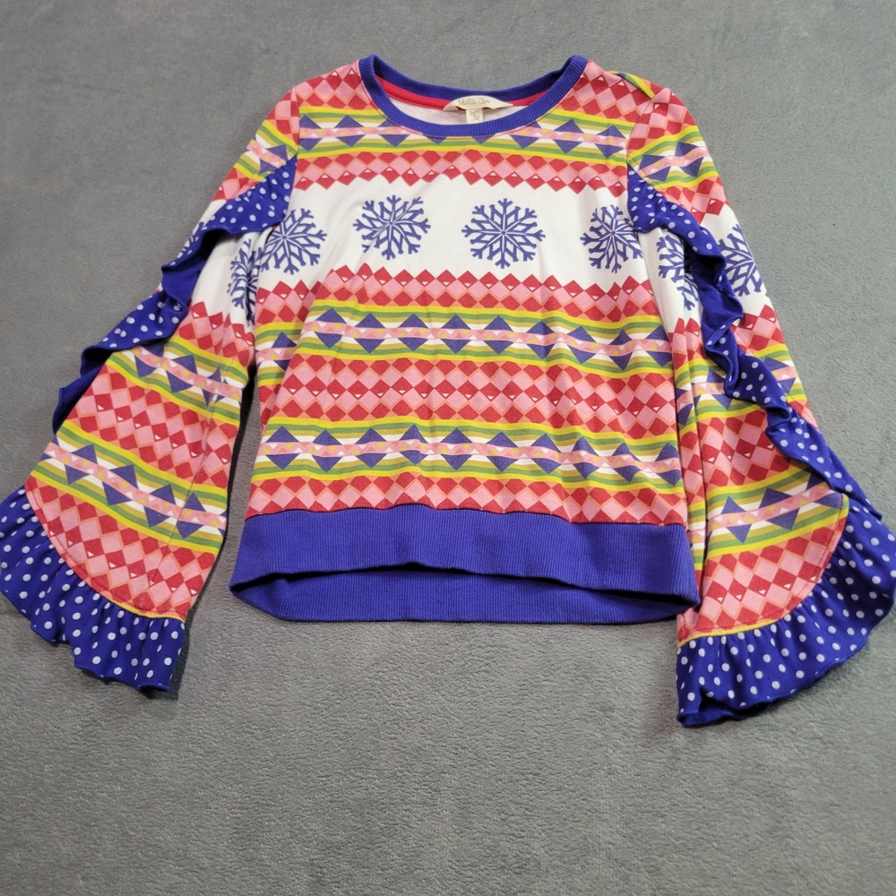 Matilda Jane Girls Multicolor Snowflake Geometric Ruffle Sleeve Top Size 8 28141